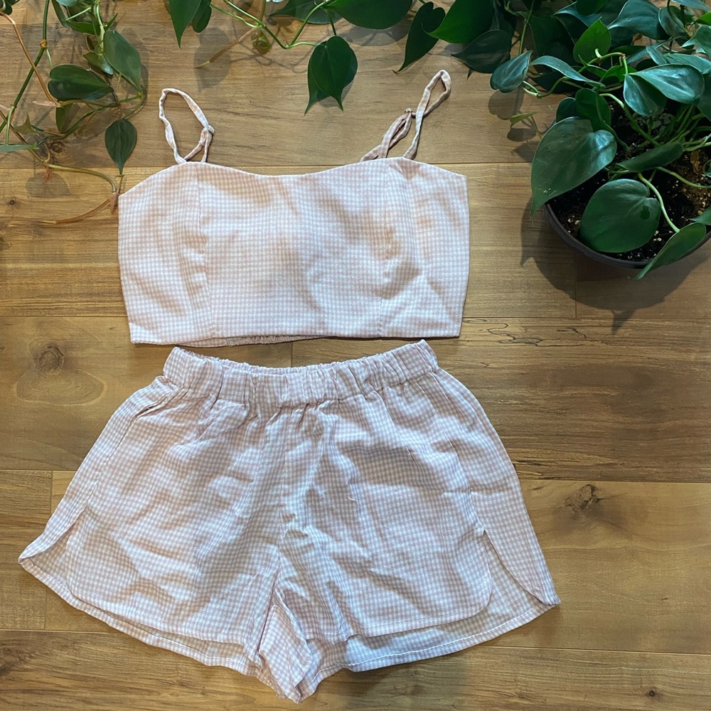 ROMWE Pink Gingham Crop Top and Shorts Set